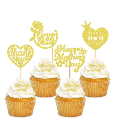 Cyodoos 24 Pcs Happy Mothers Day Cupcake Toppers Glitter Cake Toppers Cupcake Heart Mother Happy Birthday Party Supplies Decorations Golden