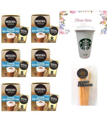 Nescafe Gold Cappuccino Decaf Unsweetened Taste Bundle With Reusable Coffee Cup & Coffee Stirrer Sticks |Instant Coffee|Individually Wrapped Coffee Sachets | Compatible With Lovers Of Nescafe Gold