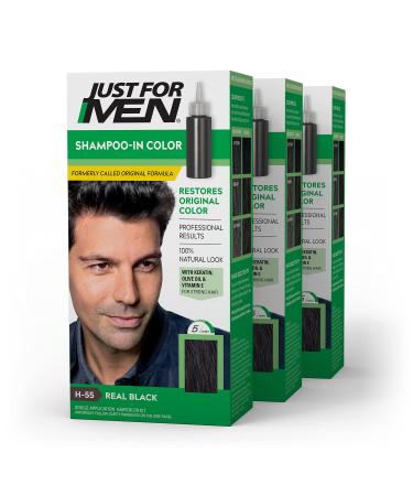 Just For Men Shampoo-In Color, Mens Hair Dye with Vitamin E for Stronger Hair - Real Black, H-55, 3 Pack (Formerly Original Formula)