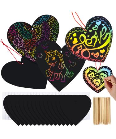 JOYIN 36 Packs Valentines Day Gifts Cards for Kids Magic Color Scratch Heart Rainbow Scratch Paper Heart Art Valentine Crafts & Art for Kids Classroom Exchange Create Rainbow Scratch Art Without Ink