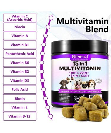 15-in-1 Dog Vitamins and Supplements 150 Chews Dog Vitamins for Dogs Hip and Joint Skin Coat Skin Health Gut Health Heart Health for All Breeds and Ages Dogs - Buy Online on SooperMarket.com