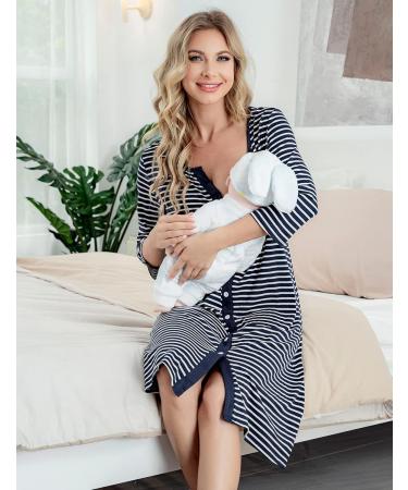 Marvmys Maternity Nightdress - 3/4 Sleeves Nursing Nightgown for Breastfeeding - V Neck Pajama Loungewear in Navy Blue - Buy Online on SooperMarket.com
