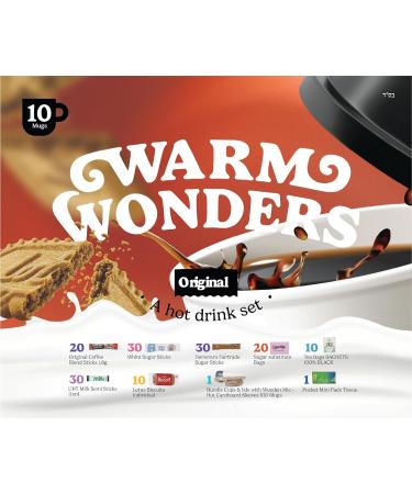 WarmWonders Original - 10 Mugs Hot Drink Set - Coffee and Tea - Includes Assortment of Original Coffee Tea Bags Biscuits Semi Milk Sticks - Airport Security Approved Gift Basket - Buy Online on SooperMarket.com