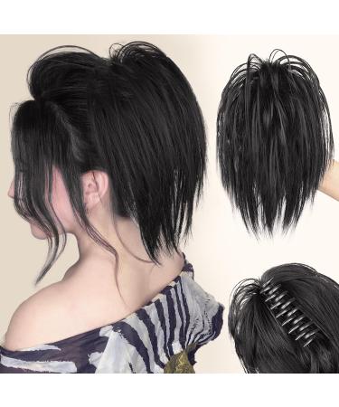 PORSMEER Claw Clip in Ponytail Hair Extensions Messy Bun Chignon Hair Piece Natural Straight Extensions for Women Girls Tousled Updo Short Ponytail Bun Black 10 inch Natural Black