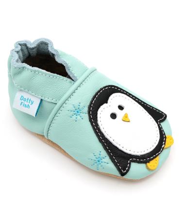 Dotty Fish Soft Leather Baby Shoes for Boys. Toddler Shoes. Non Slip. Animal Designs for Boys and Girls. 0-6 Months - 4-5 Years 0-6 Months Minty Blue Penguin