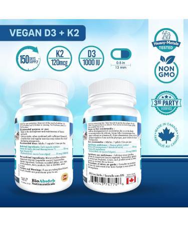 Vegan Vitamin D3 1000 IU + Vitamin K2 MK-7 Form (120 mcg). 150-Day Supply 150 Vegetarian Capsules - Buy Online on SooperMarket.com