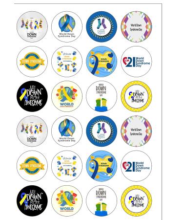 24 Pre-Cut Round World Down Syndrome Day Edible Wafer paper Cake Toppers Decorations