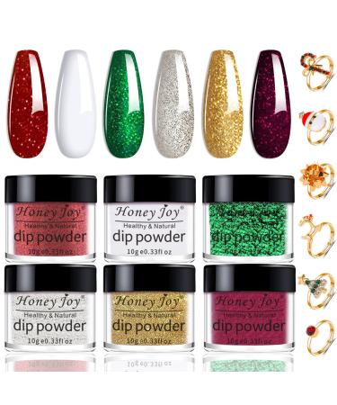 Honey Joy Dip Powder Set Christmas Red Green Golden Glitter Fine Dipping Powder Colors No Need Lamp Cure Like Gel Polish Effect Even & Smooth Finishing (DP-Q-6pcs-10g/box)