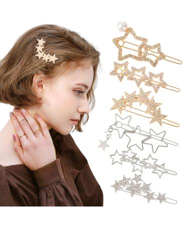 Star Hair Clips 6PCS Star Hair Barrettes Star Hair Pins Non-slip Metal Hair Clips Rhinestone Hair Clips Pearl Hair Clips Silver Golden Hollow Geometric Hairpins for Women Star Hair Accessories