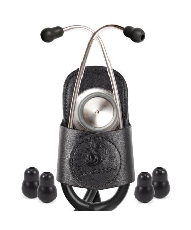 Stethoscope Holder Hip Clip With Upgraded Secure Magnetic Closure - Our Hygienic Stethoscope Clip is Designed to Hold All Brands & Styles - Includes Replacement Stethoscope Ear Tips (Obsidian Black)