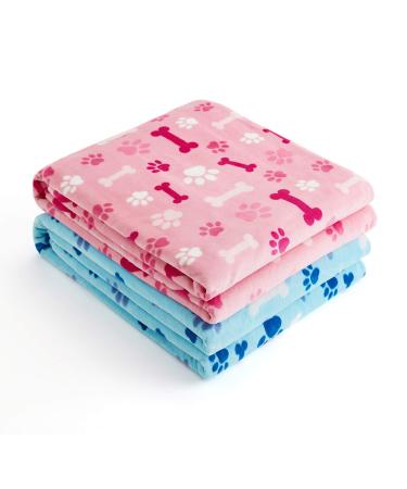 Allisandro 2 Pack Fleece Blanket for Dogs and Cats, Paw and Bone Print Large