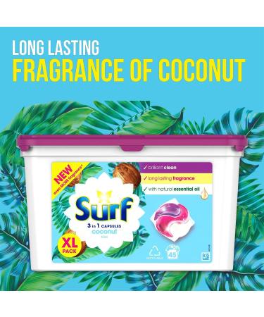 Surf 3-in-1 Washing Detergent Capsules Coconut Bliss Long Lasting Fragrance and Made with Natural Essential Oil Laundry Detergent XL Pack 45 Washes (Pack of 2) - Buy Online on SooperMarket.com
