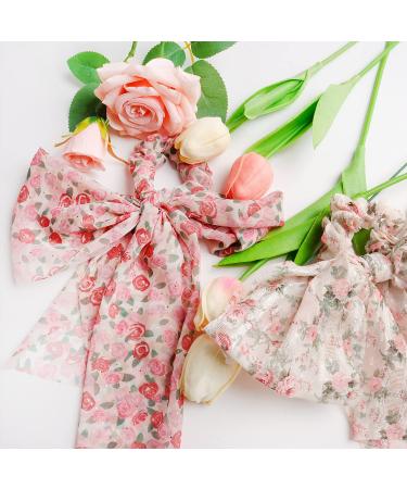 2PCS Floral Hair Scarf with Ribbon Bow for Women and Girls - Silk Long Tails Scrunchy Elastics Ponytail Holder - Buy Online on SooperMarket.com