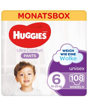 Huggies Ultra Comfort Pants Size 6 15 to 25 kg for active children with wettery and cloud-waist bundle technology 108 diapers monthly box monthly pack large pack size 6 (108 pack)