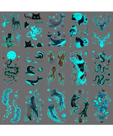Oottati 15 Sheets Glow in Dark Night Fluorescence Luminous Temporary Tattoo Stickers  Snake Panda Jellyfish Border Collie Dog Whale Goldfish Shark Feather Cat Deer