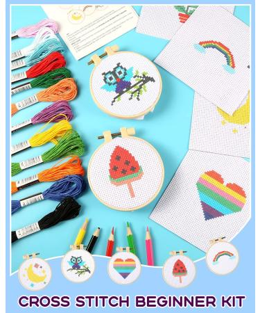 Pllieay Kids Cross Stitch Kit | 6 Patterns, 2 Hoops, 12 Skeins | Beginner Needlepoint Starter Set with Instructions - Buy Online on SooperMarket.com