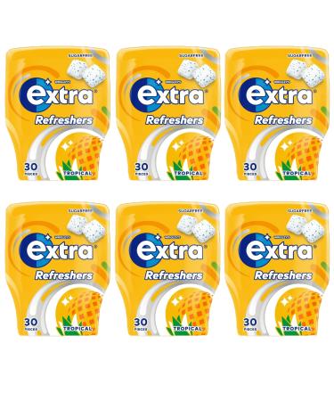 Extra Refreshers Tropical Flavor Sugar free Chewing Gum Bottle 6 x 30 Pack (Tropical)