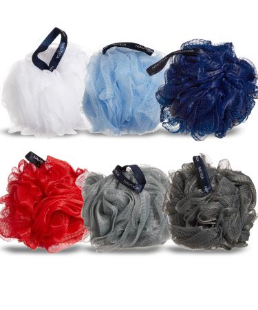 Nautica Loofah Sponge Set | Exfoliating Bath & Shower Poufs Body Scrubber 6 Pack with Mesh Bag Navy