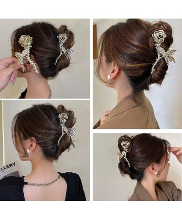 2Pcs Metallic Rose Hair Claw Clips - Medium Size Elegant Floral Barrettes for Women with Thick or Thin Hair - Strong Hold and Stylish Hair Accessory - Buy Online on SooperMarket.com