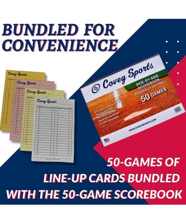 Covey Sports Baseball Softball Scorebook Side by Side Format (50 Games) + Lineup Cards (50-Pack) - Large Format Book with Line Up Card Sheets - Buy Online on SooperMarket.com