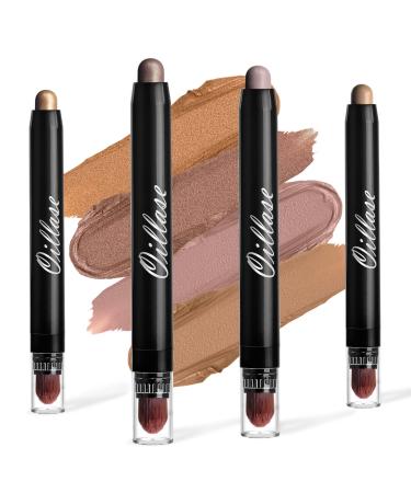 12 PCS Eyeshadow Stick Sets with Smudge Proof Eyeshadow Primer Base, Waterproof Glitter Eyeshadow Pen with Soft Brush, Cream Eye Shadow Stick Makeup, Shimmer and Matte Eyeshadow Pencil Crayon (4PCS-NUDE)