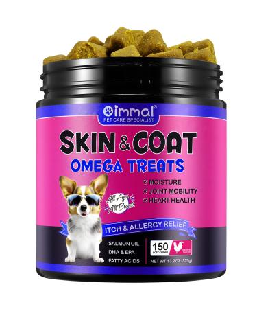 HRAMEX Omega 3 Treats for Dogs(150PCS Chicken Flavor) Allergy and Itch Relief Skin and Coat Supplement -Joint Health Salmon& EPA & DHA Supplements for Healthy Skin and Coat Itchy Skin Relief(375G)