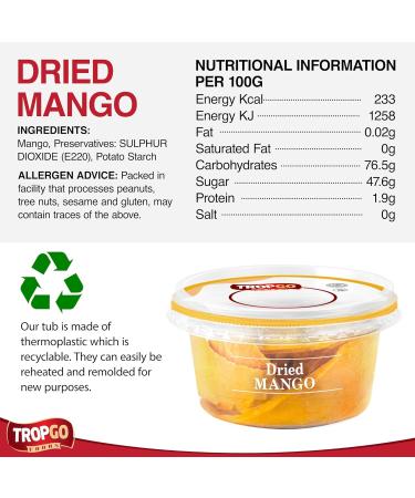 Tropgo Mango slices silver bag - Dried Fruit Bites in Pouch - Lunchbox Snacks - No Added Sugar - High in Fibre Low Calorie Gluten Free Snacks - Healthy Snacks for Adults and Kids (125g) - Buy Online on SooperMarket.com