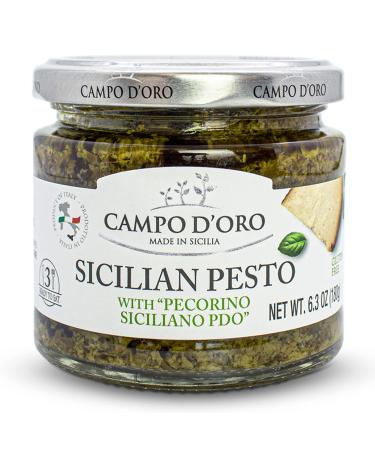 Basil Pesto with Pecorino, DOP, Fresh Pasta Sauce, Sicilian Creamy Pesto Recipe. Net Wt 6.35oz (180g), Vegan Pesto, Pesto Paste, Fresh Basil Pesto, 100% Natural, Non-GMO, Gluten-Free. By Campo D'Oro. Product of Italy.