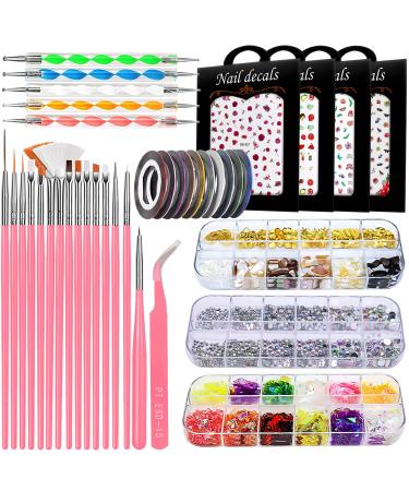 JOYJULY Nail Art Brushes Kit Nail Dotting Tools ,Crystals Glass AB Nail Art Rhinestones, 3D Nail Art Stickers Tape Strips ,Holographic Mermaid Nail Glitters Shell Sequins Nail Design Kit Free Pink