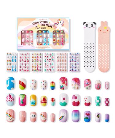 Modelones 144Pcs 6 Pack Press on Nails for Kids Children Acrylic Fake Nails Pre-glue Full Cover Glitter Gradient Color Rainbow Candy Short False Nail Art Kits Sets Valentines Day Gifts for Kids Girls A2-Rainbow Candy