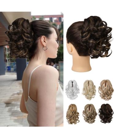 REECHO 9" Short Ponytail Extension Classic Loose Curly Wavy Claw Clip Pony tails Hair Extensions HP001 Hairpieces for Women - Dark Brown with Highlights