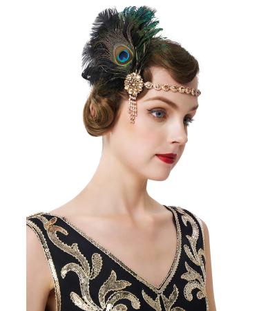 BABEYOND 1920s Feather Headband Peacock Feather Headpiece Vintage 1920s Flapper Headband Feather Crystal Headband Great Gatsby Costume Accessories Roaring 20's Accessories (Black)