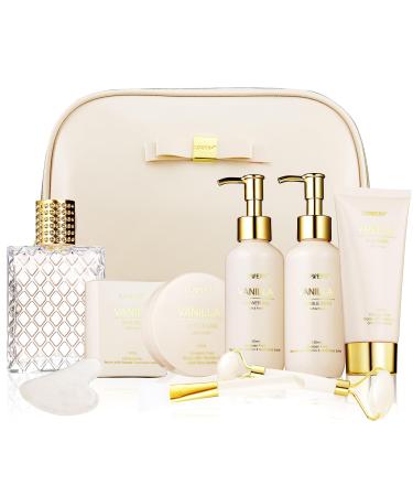 Valentines Day Gifts for Women Vanilla Spa Gift Basket for Women - Self Care Kit Bath Set with Shower Gel Bubble Bath Perfume Gua Sha Jade Roller - Birthday Gift Set for Women Mom Mother's Day