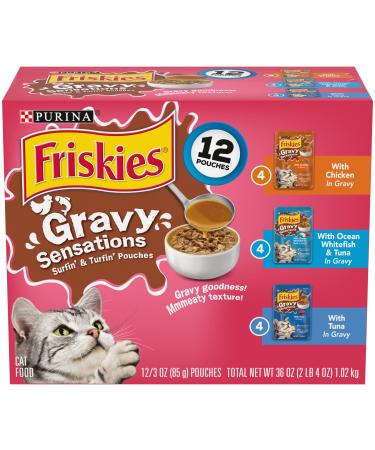 Purina Friskies Gravy Wet Cat Food Variety Pack, Gravy Sensations Surfin' and Turfin' Pouches - (12) 3 oz. Pouches
