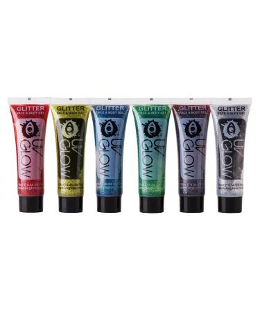 Face & Body Glitter Gel 0.34oz - Set of 6 tubes - UV Glow Branded Glitter Face Paint - Perfect for festivals and christmas parties