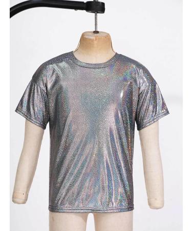 FEESHOW Kids Girls Sparkly Metallic Shiny T-Shirt | Boys Short Sleeves Loose Dance Costume | Black | 9-10 Years - Buy Online on SooperMarket.com