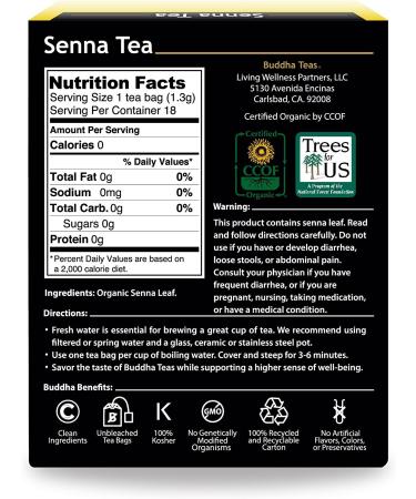 Organic Senna Tea - USDA & OU Kosher, 18 Bleach-Free Bags | Buddha Teas - Buy Online on SooperMarket.com