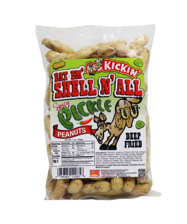 Kickin Eat Em Shell N All Fried Whole Peanuts 7oz - Ultimate Spicy Gourmet Gift Peanuts - Try if You Dare! (Spicy Pickle)