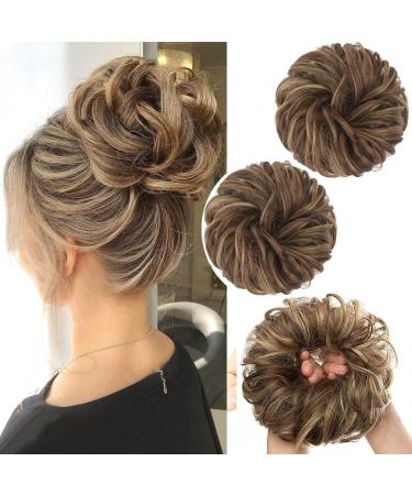 PORSMEER 2 pieces Messy Hair Buns Extensions Curly Wavy Hair Elastic Easy Scrunchies for Women Girls Large Synthetic Donut Updo Hair Pieces Hair Chignons Gold Blonde/Ash Brown 12H24#