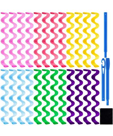 Elcoho 24 Pieces Water Ripple Hair Rollers 45 cm No Heat Wave Hair Curlers Spiral Curls Styling Kit for Most Hairstyles with 1 Storage Bag Magic Hair Rollers with 3 Pieces Styling Hooks (6 colors)