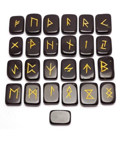 Black Tourmaline Runes Crystal Rune Stones Set Elder futhark Viking Gemstone Reiki Healing Golden Engraved Runic Alphabets (Black Tourmaline) - Buy Online on SooperMarket.com