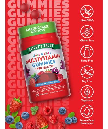 Nature's Truth Kids Multivitamin Gummies with Probiotics 60 Count Berry Punch Flavor | Vegetarian Non-GMO Gluten Free Supplement for Children's Health - Buy Online on SooperMarket.com