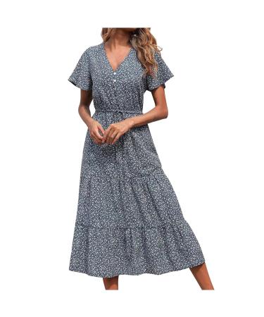 BOXIACEY Spring Dresses for Women 2022 Summer Casual V Neck Short Sleeve Dresses Belted Ruffle Hem A Line Printed Maxi Dress Small Dark Blue