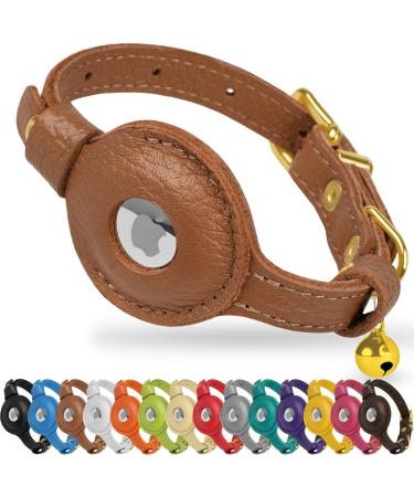 Oopsdoggy Airtag cat collar made of leather with bells not tearable with Apple Airtag holder light GPS pet collar for girls boys cats small dogs puppies (light brown)