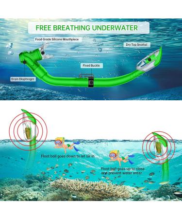 WANFEI Kids Mask Fin Snorkel Set - Dry Top Snorkel, Diving Flippers, Panoramic View Diving Mask - Green | Snorkeling Gear for Boys and Girls - Buy Online on SooperMarket.com