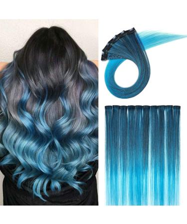 Silk-Co Hair Extensions Colorful hair strands clip in extensions rainbow colored hair extension smooth diy highlight hair part 10pcs-50g 50cm #naturschwarz & blue smooth-10 pcs natural black & blue