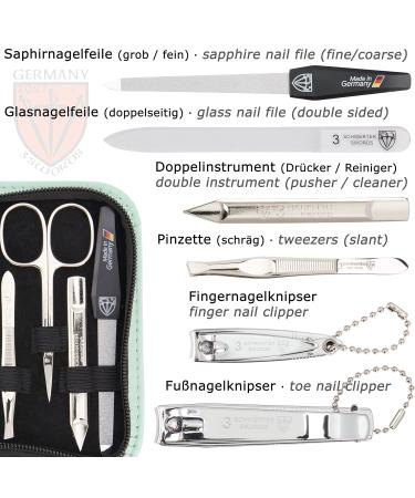 Three Swords 8-Pc Manicure Set 'Roma' | High-Quality Mint Leather Nail Care Kit | Scissors Clippers Tweezers & Glass Files - Buy Online on SooperMarket.com