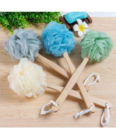 4 Pack Large Bath Puff Loofah Sponge with Long Handle Shower Brush | Spa Body Back Brush for Women and Men | Multi-Colored - Buy Online on SooperMarket.com