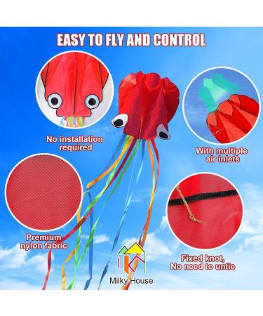 3 Pack Octopus Kite Set - Easy Flyer Beach Kites for Kids & Adults - Blue/Green/Red - 100M Kite String Included - Buy Online on SooperMarket.com