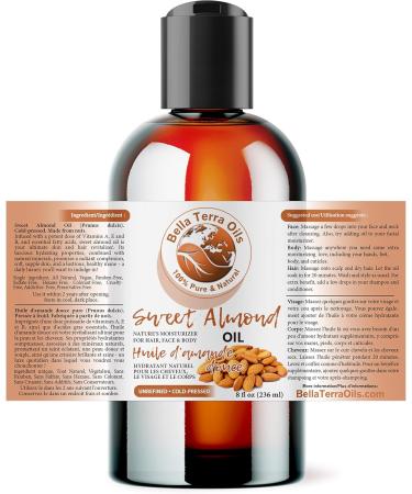 Sweet Almond Oil. 236ml. 100% Pure. Cold-pressed. Unrefined. Organic. Pasteurized. Additive-free. Promotes Skin Hydration. Nourishes Hair. Natural Moisturizer for Hair Face Body Nails Beard Stretch Marks. Bella Terra Oils. 236 ml (Pack of 1) - Buy Online on SooperMarket.com